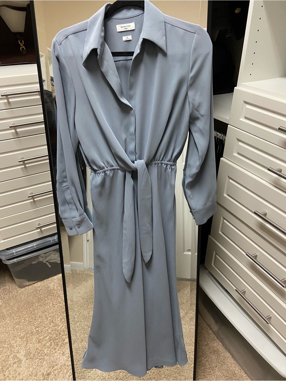 Babaton Soft Blue Collared Tie-Waist Midi Dress